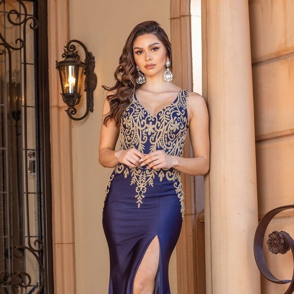 New Formal Floral Lace Embellihsed Mother Of Bride Dress w/ Leg Slit DQ 4325 - Picture 7 of 9